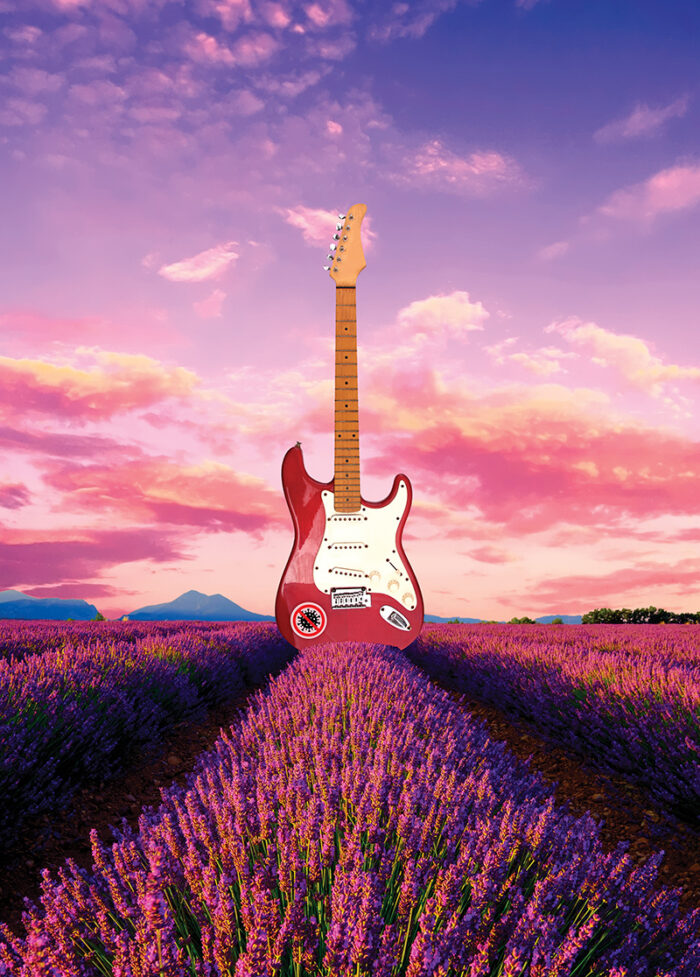 Gitarr i ett fält med lavendel